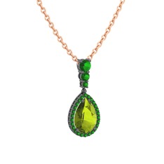 Nil Damlası Kolye - Peridot ve yeşil kuvars 925 ayar siyah rodyum kaplama gümüş kolye (40 cm rose altın rolo zincir) #8r7el6