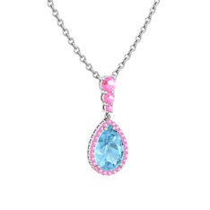 Nil Damlası Kolye - Akuamarin ve pembe kuvars 18 ayar beyaz altın kolye (40 cm beyaz altın rolo zincir) #94nkn1