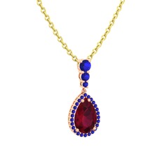Nil Damlası Kolye - Kök yakut ve lab safir 14 ayar rose altın kolye (40 cm gümüş rolo zincir) #97i9le