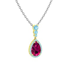 Rodolit garnet ve akuamarin 925 ayar altın kaplama gümüş kolye (40 cm gümüş rolo zincir)