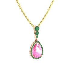 Nil Damlası Kolye - Pembe kuvars ve kök zümrüt 8 ayar rose altın kolye (40 cm altın rolo zincir) #9kcsqp