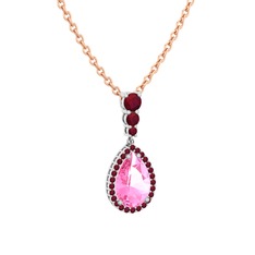 Pembe kuvars ve kök yakut 14 ayar beyaz altın kolye (40 cm rose altın rolo zincir)