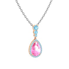 Pembe kuvars ve akuamarin 8 ayar rose altın kolye (40 cm gümüş rolo zincir)
