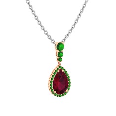 Kök yakut ve yeşil kuvars 925 ayar rose altın kaplama gümüş kolye (40 cm beyaz altın rolo zincir)