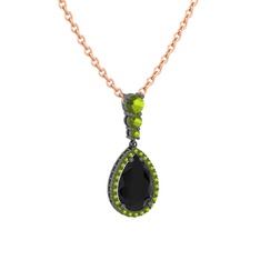 Nil Damlası Kolye - Siyah zirkon ve peridot 925 ayar siyah rodyum kaplama gümüş kolye (40 cm rose altın rolo zincir) #dzev51