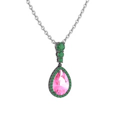 Pembe kuvars ve kök zümrüt 925 ayar siyah rodyum kaplama gümüş kolye (40 cm beyaz altın rolo zincir)