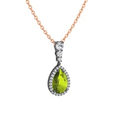Peridot ve swarovski 925 ayar siyah rodyum kaplama gümüş kolye (40 cm rose altın rolo zincir)