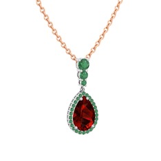 Nil Damlası Kolye - Garnet ve kök zümrüt 14 ayar beyaz altın kolye (40 cm rose altın rolo zincir) #gjsop2