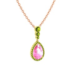 Nil Damlası Kolye - Pembe kuvars ve peridot 8 ayar altın kolye (40 cm rose altın rolo zincir) #gtttq5
