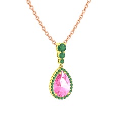 Nil Damlası Kolye - Pembe kuvars ve kök zümrüt 8 ayar altın kolye (40 cm rose altın rolo zincir) #gxfjn4
