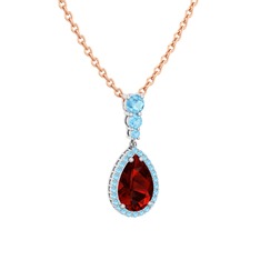 Nil Damlası Kolye - Garnet ve akuamarin 14 ayar beyaz altın kolye (40 cm rose altın rolo zincir) #h1ryb6