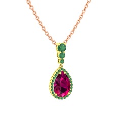 Nil Damlası Kolye - Rodolit garnet ve kök zümrüt 18 ayar altın kolye (40 cm rose altın rolo zincir) #h7x4q0