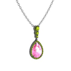 Pembe kuvars ve peridot 925 ayar siyah rodyum kaplama gümüş kolye (40 cm beyaz altın rolo zincir)