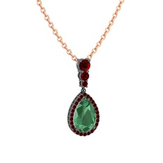 Kök zümrüt ve garnet 925 ayar siyah rodyum kaplama gümüş kolye (40 cm rose altın rolo zincir)