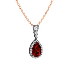 Garnet ve beyaz zirkon 925 ayar siyah rodyum kaplama gümüş kolye (40 cm rose altın rolo zincir)