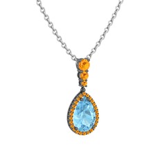 Nil Damlası Kolye - Akuamarin ve sitrin 925 ayar siyah rodyum kaplama gümüş kolye (40 cm beyaz altın rolo zincir) #j5rx5i