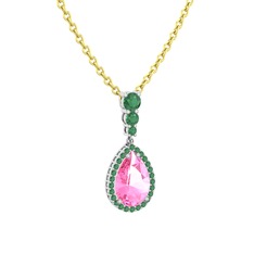 Pembe kuvars ve kök zümrüt 8 ayar beyaz altın kolye (40 cm gümüş rolo zincir)
