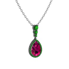 Nil Damlası Kolye - Rodolit garnet ve yeşil kuvars 925 ayar siyah rodyum kaplama gümüş kolye (40 cm beyaz altın rolo zincir) #juc5ib