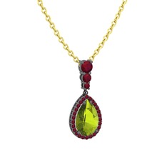 Nil Damlası Kolye - Peridot ve kök yakut 925 ayar siyah rodyum kaplama gümüş kolye (40 cm altın rolo zincir) #k018w9