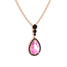 Pembe kuvars ve siyah zirkon 14 ayar rose altın kolye (40 cm rose altın rolo zincir)
