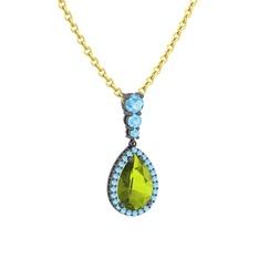 Peridot ve akuamarin 925 ayar siyah rodyum kaplama gümüş kolye (40 cm altın rolo zincir)