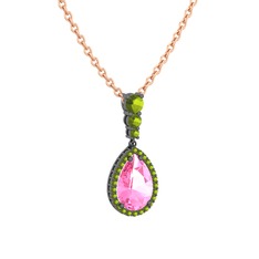 Nil Damlası Kolye - Pembe kuvars ve peridot 925 ayar siyah rodyum kaplama gümüş kolye (40 cm rose altın rolo zincir) #kdm8gd