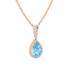 Akuamarin ve swarovski 18 ayar rose altın kolye (40 cm rose altın rolo zincir)