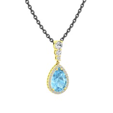 Akuamarin ve swarovski 14 ayar altın kolye (40 cm gümüş rolo zincir)
