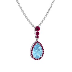 Akuamarin ve rodolit garnet 8 ayar beyaz altın kolye (40 cm beyaz altın rolo zincir)