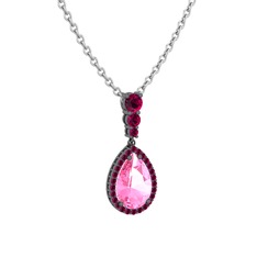 Nil Damlası Kolye - Pembe kuvars ve rodolit garnet 925 ayar siyah rodyum kaplama gümüş kolye (40 cm beyaz altın rolo zincir) #ml9nnu
