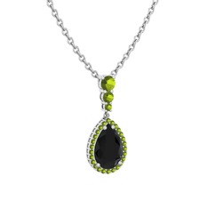 Nil Damlası Kolye - Siyah zirkon ve peridot 14 ayar beyaz altın kolye (40 cm gümüş rolo zincir) #ny6474