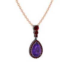 Nil Damlası Kolye - Ametist ve garnet 925 ayar siyah rodyum kaplama gümüş kolye (40 cm rose altın rolo zincir) #nyozr3
