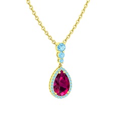 Rodolit garnet ve akuamarin 925 ayar altın kaplama gümüş kolye (40 cm gümüş rolo zincir)