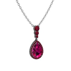 Rodolit garnet ve kök yakut 925 ayar siyah rodyum kaplama gümüş kolye (40 cm gümüş rolo zincir)