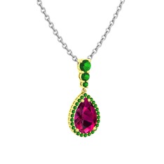 Rodolit garnet ve yeşil kuvars 14 ayar altın kolye (40 cm beyaz altın rolo zincir)