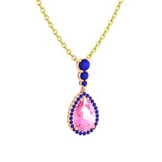 Nil Damlası Kolye - Pembe kuvars ve lab safir 14 ayar rose altın kolye (40 cm altın rolo zincir) #ocfyzl