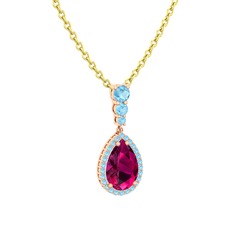 Nil Damlası Kolye - Rodolit garnet ve akuamarin 14 ayar rose altın kolye (40 cm gümüş rolo zincir) #p9rin