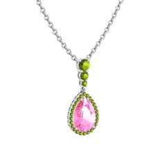 Pembe kuvars ve peridot 14 ayar beyaz altın kolye (40 cm beyaz altın rolo zincir)