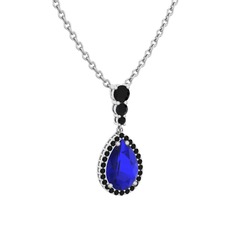 Nil Damlası Kolye - Lab safir ve siyah zirkon 925 ayar gümüş kolye (40 cm beyaz altın rolo zincir) #piuerl