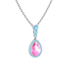 Pembe kuvars ve akuamarin 8 ayar beyaz altın kolye (40 cm gümüş rolo zincir)