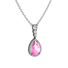 Pembe kuvars ve swarovski 925 ayar siyah rodyum kaplama gümüş kolye (40 cm gümüş rolo zincir)