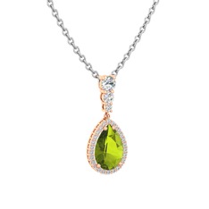 Peridot ve beyaz zirkon 14 ayar rose altın kolye (40 cm gümüş rolo zincir)