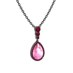 Nil Damlası Kolye - Pembe kuvars ve kök yakut 925 ayar siyah rodyum kaplama gümüş kolye (40 cm gümüş rolo zincir) #txlrh2