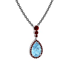 Akuamarin ve garnet 8 ayar beyaz altın kolye (40 cm gümüş rolo zincir)