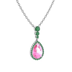 Nil Damlası Kolye - Pembe kuvars ve kök zümrüt 8 ayar beyaz altın kolye (40 cm gümüş rolo zincir) #x0xyr1
