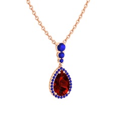 Garnet ve lab safir 925 ayar rose altın kaplama gümüş kolye (40 cm rose altın rolo zincir)