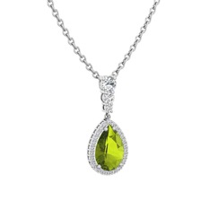 Peridot ve beyaz zirkon 14 ayar beyaz altın kolye (40 cm beyaz altın rolo zincir)