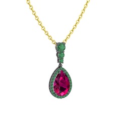 Nil Damlası Kolye - Rodolit garnet ve kök zümrüt 925 ayar siyah rodyum kaplama gümüş kolye (40 cm altın rolo zincir) #z1zqro