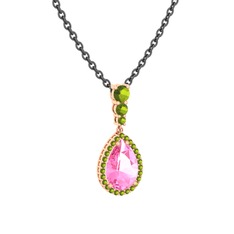 Nil Damlası Kolye - Pembe kuvars ve peridot 8 ayar rose altın kolye (40 cm gümüş rolo zincir) #z565lo