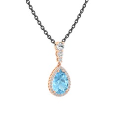 Akuamarin ve beyaz zirkon 14 ayar rose altın kolye (40 cm gümüş rolo zincir)